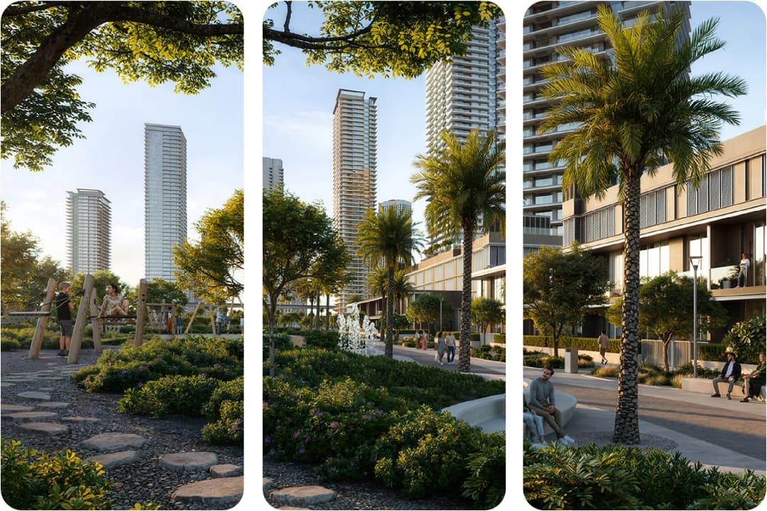 Modern high-rise with palm trees at sunset
