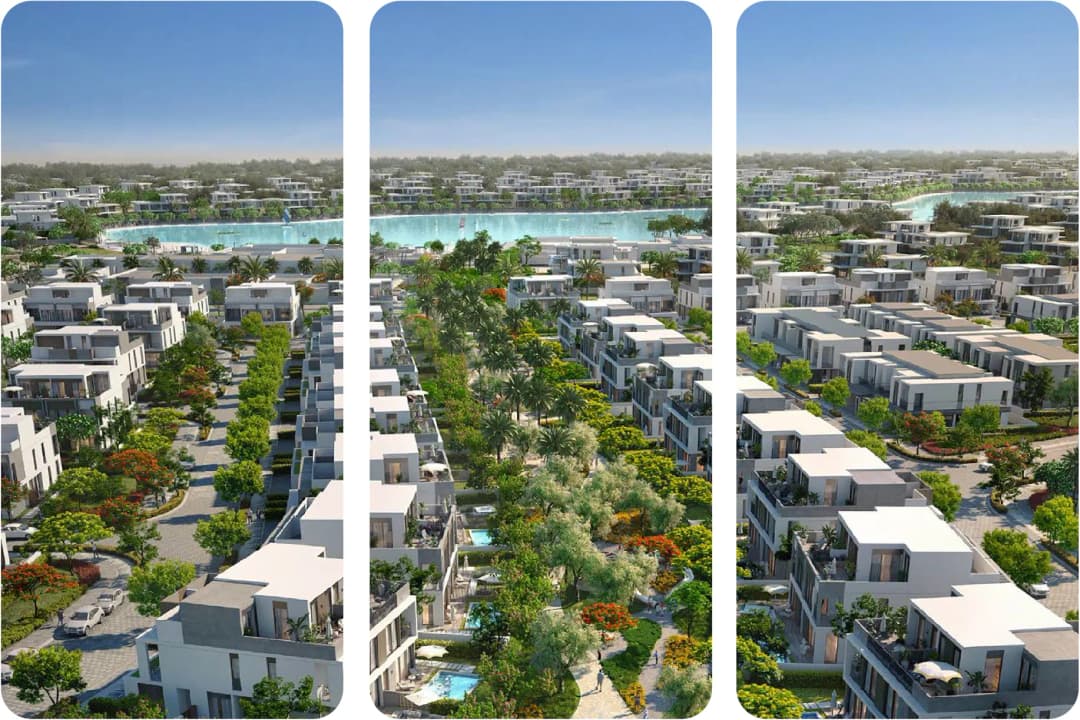 Wide view of modern community with lagoon