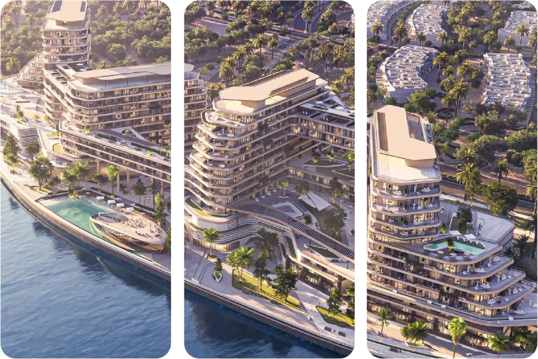 Luxury waterfront residential complex with pools and greenery