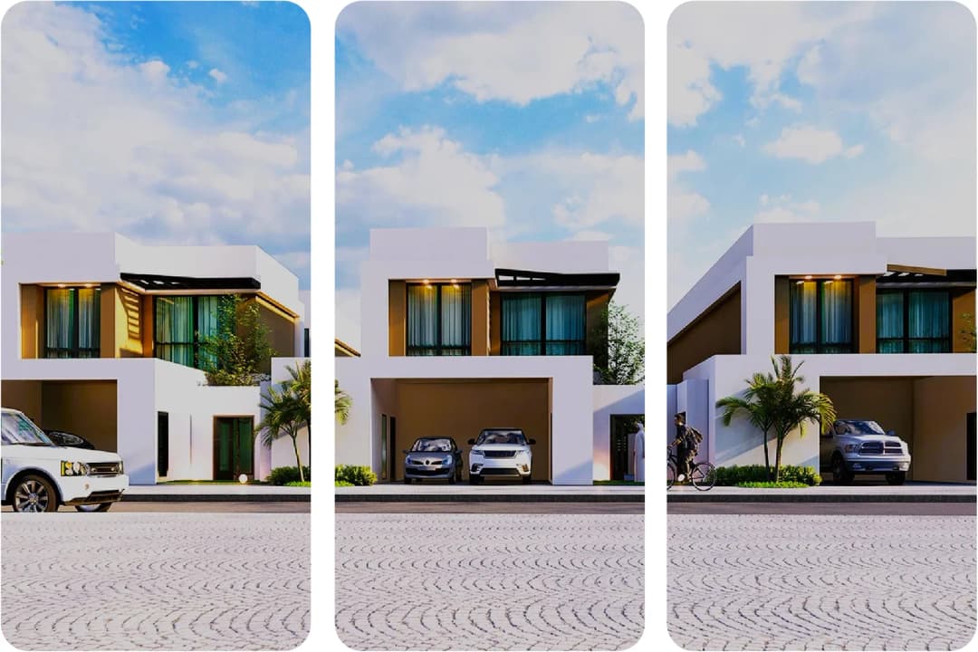 Row of modern townhouses with spacious garages and clean streets