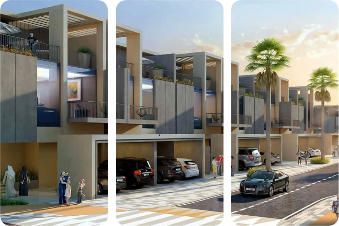 Residential townhouses with modern architecture and car garages