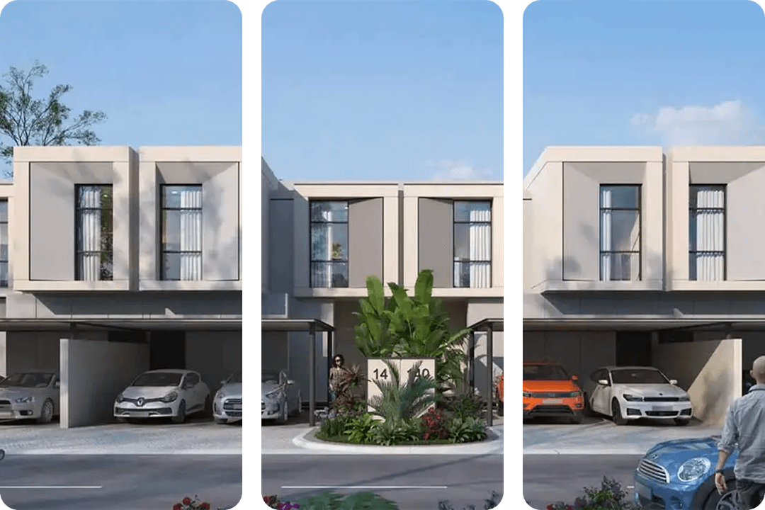 المباني السكنية الحديثة مع حديقة مركزية وموقف سيارات