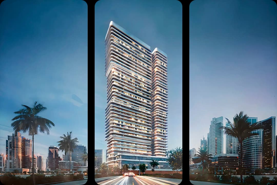 Tall, illuminated skyscraper in a bustling urban setting