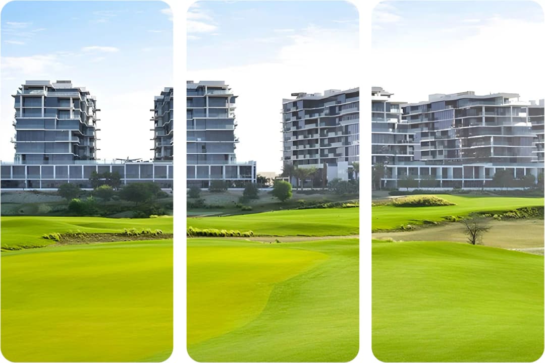 Damac's luxurious high-rise towers with panoramic views of a golf course
