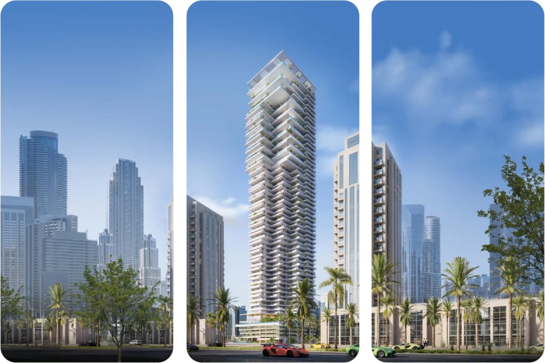 ناطحة سحاب سكنية فاخرة محاطة بأفق المدينة