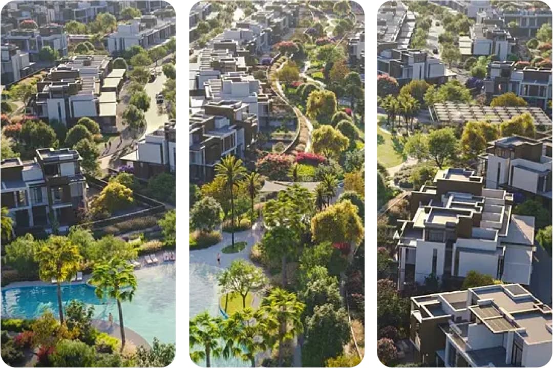 منظر جوي لمجمع سكني فاخر يضم مسابح ومساحات خضراء