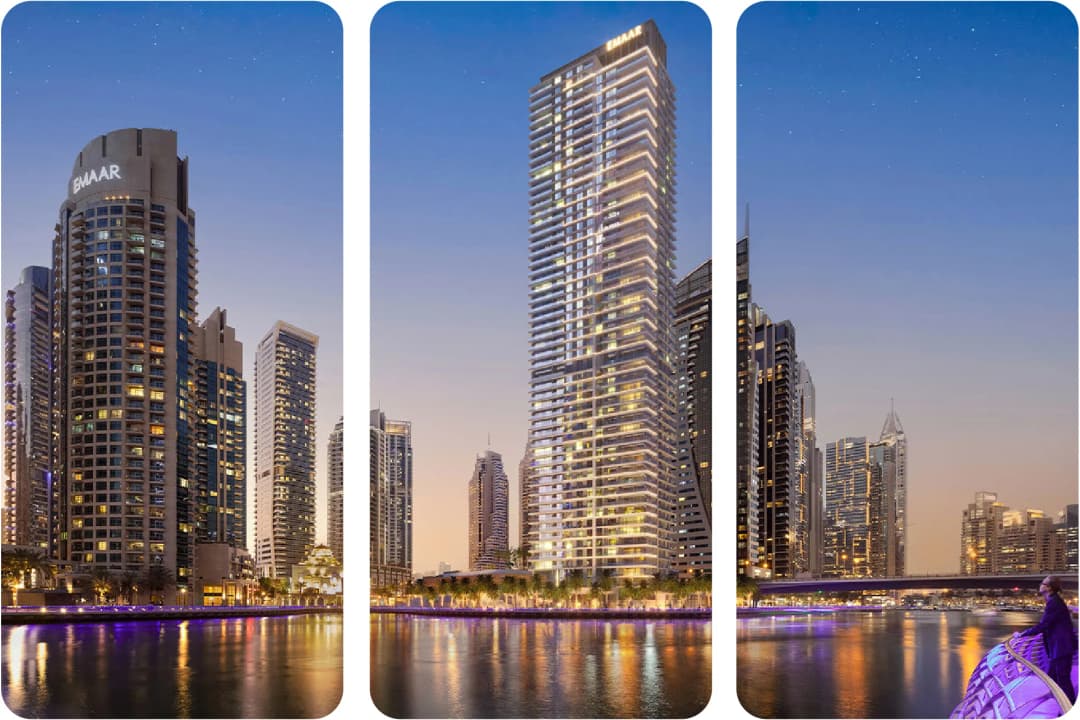 مباني أبراج إعمار في أفق دبي عند الغسق