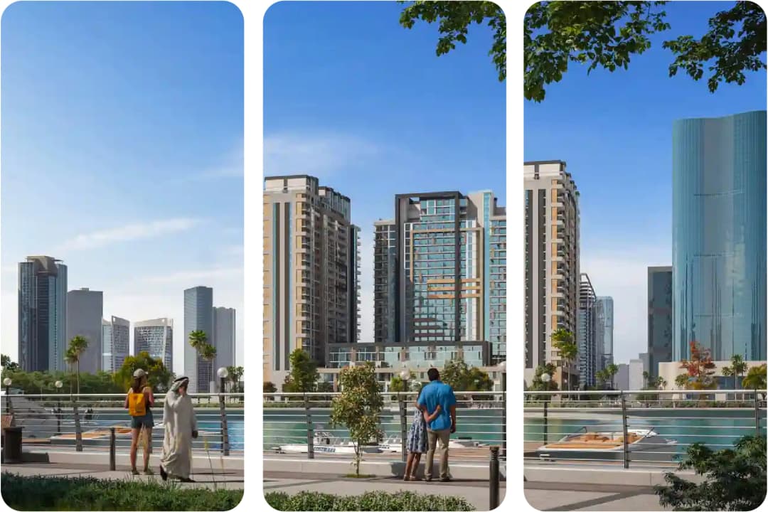 Stunning waterfront view with contemporary apartment buildings