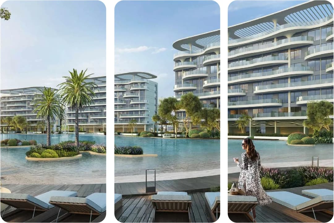 A modern residential building with a pool and guests