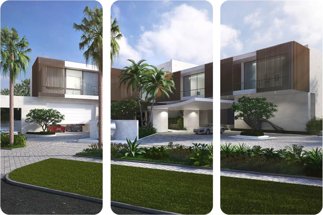 Modern luxury mansion with palm trees and sleek design