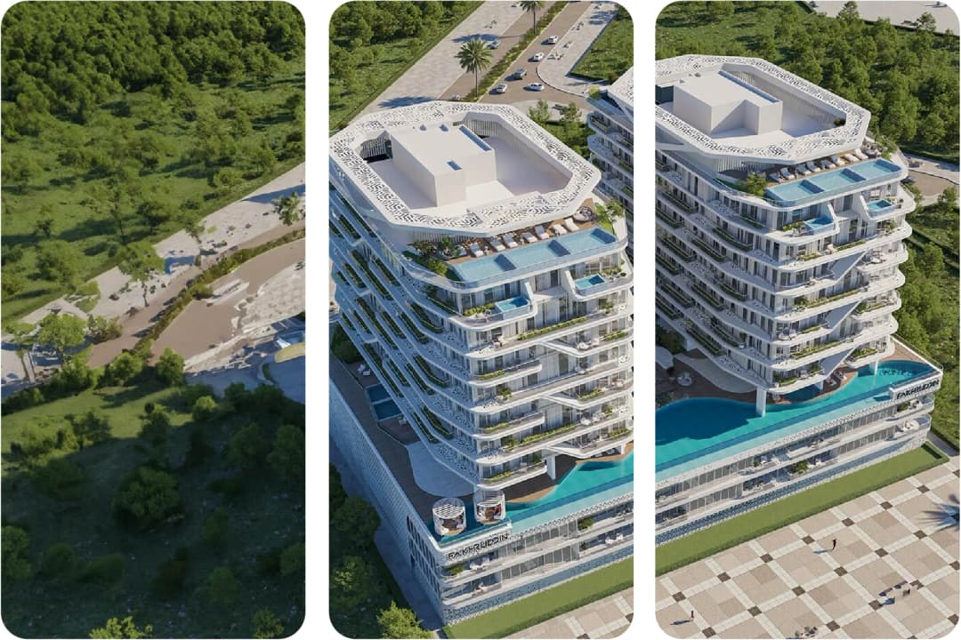 Close-up of contemporary building with palm trees