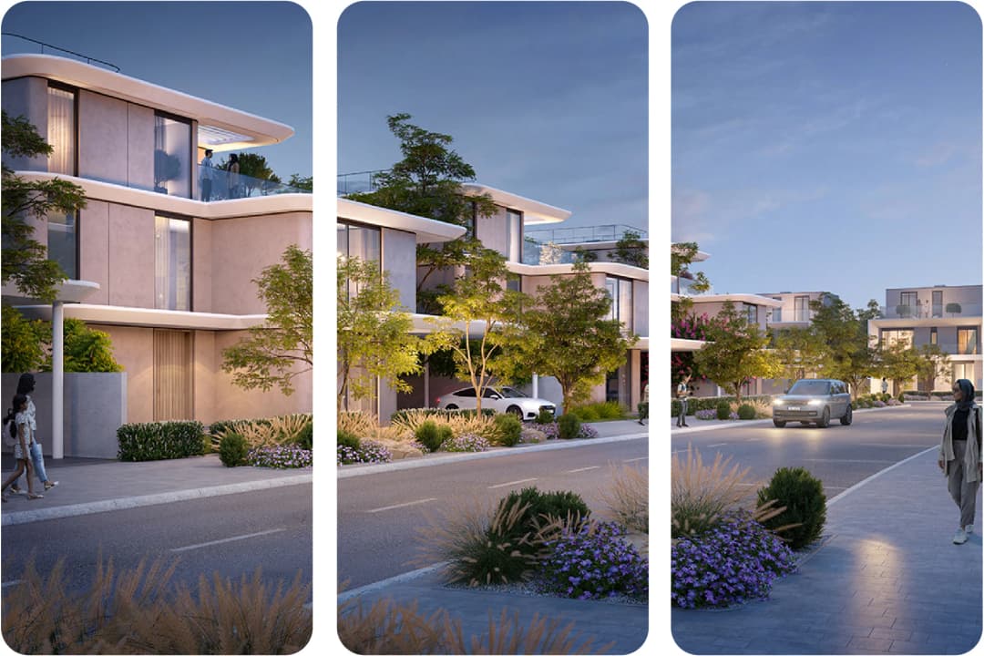 الواجهة الخارجية لمجمع سكني حديث مع مساحة خضراء