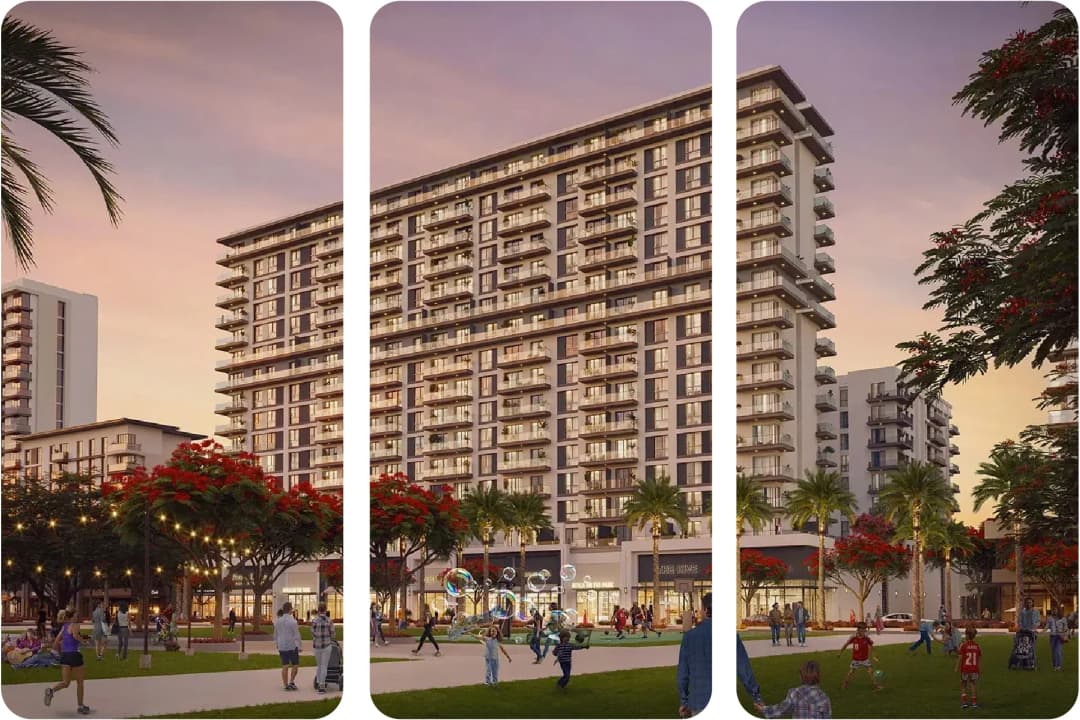 Residential towers with palm trees, split view of design