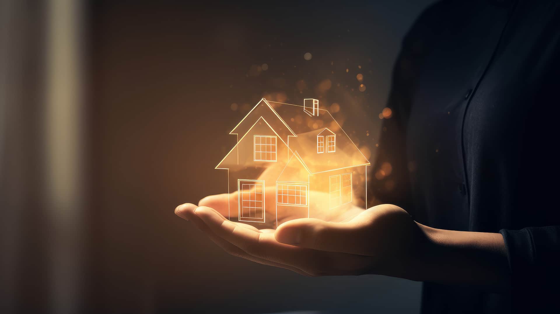 A hand holding a glowing, digital house icon representing real estate