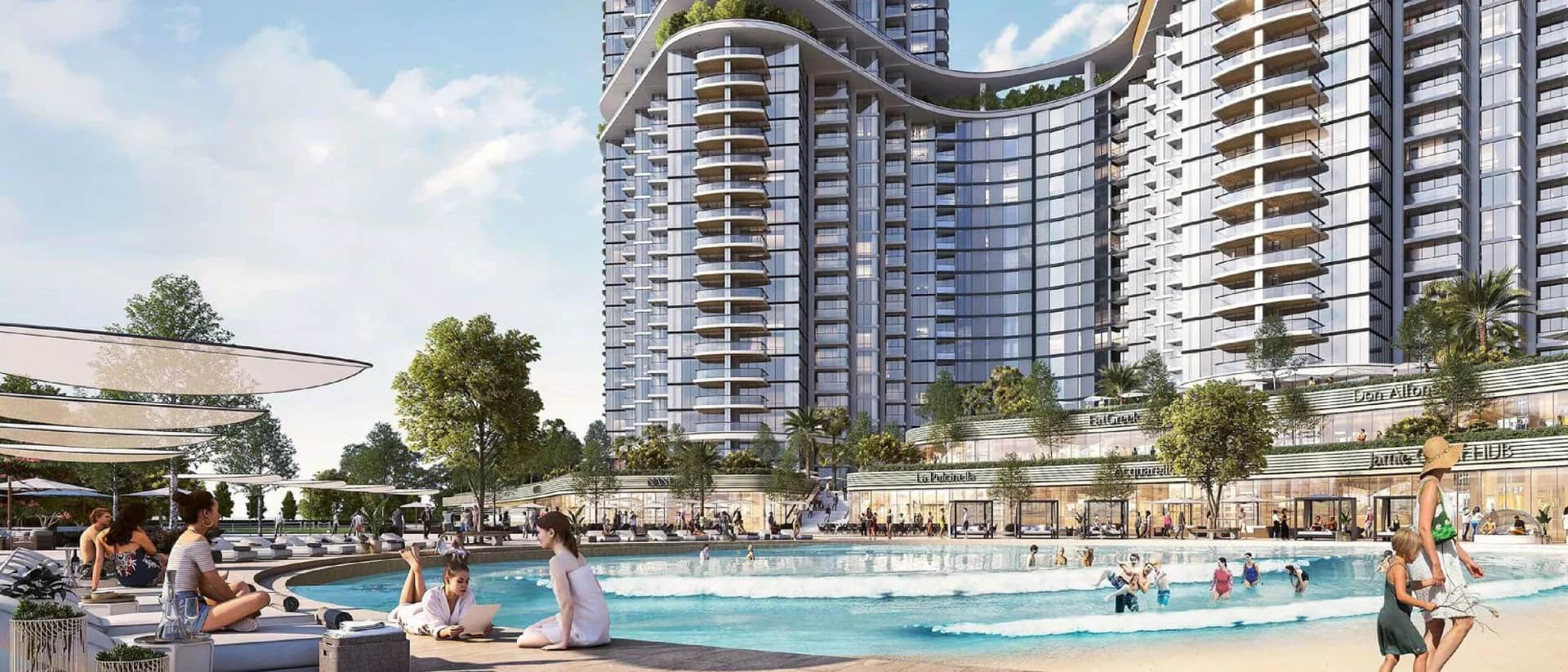 Vibrant beach area at the base of modern high-rises