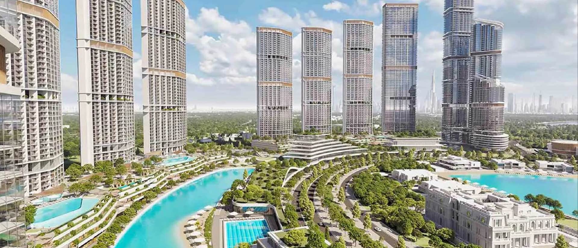 A vibrant cityscape with towering modern buildings and blue waterways