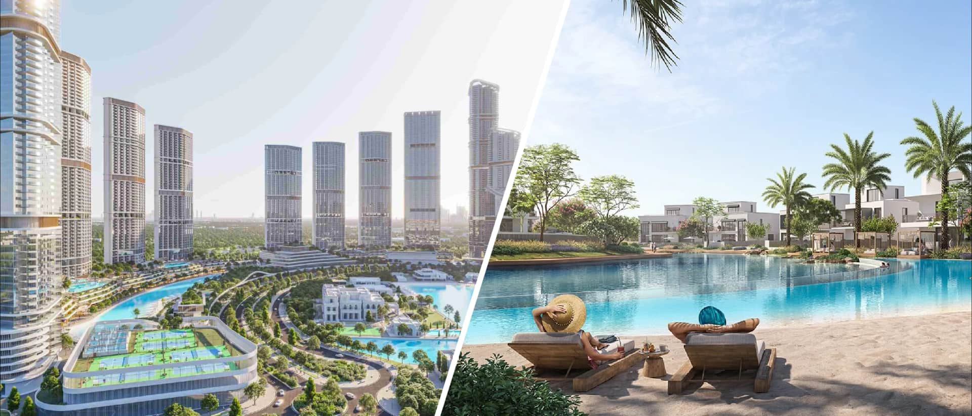 Modern waterfront cityscape and relaxing beach scene