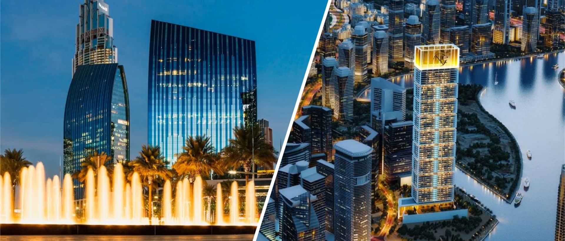 Modern buildings and waterfront with fountain display