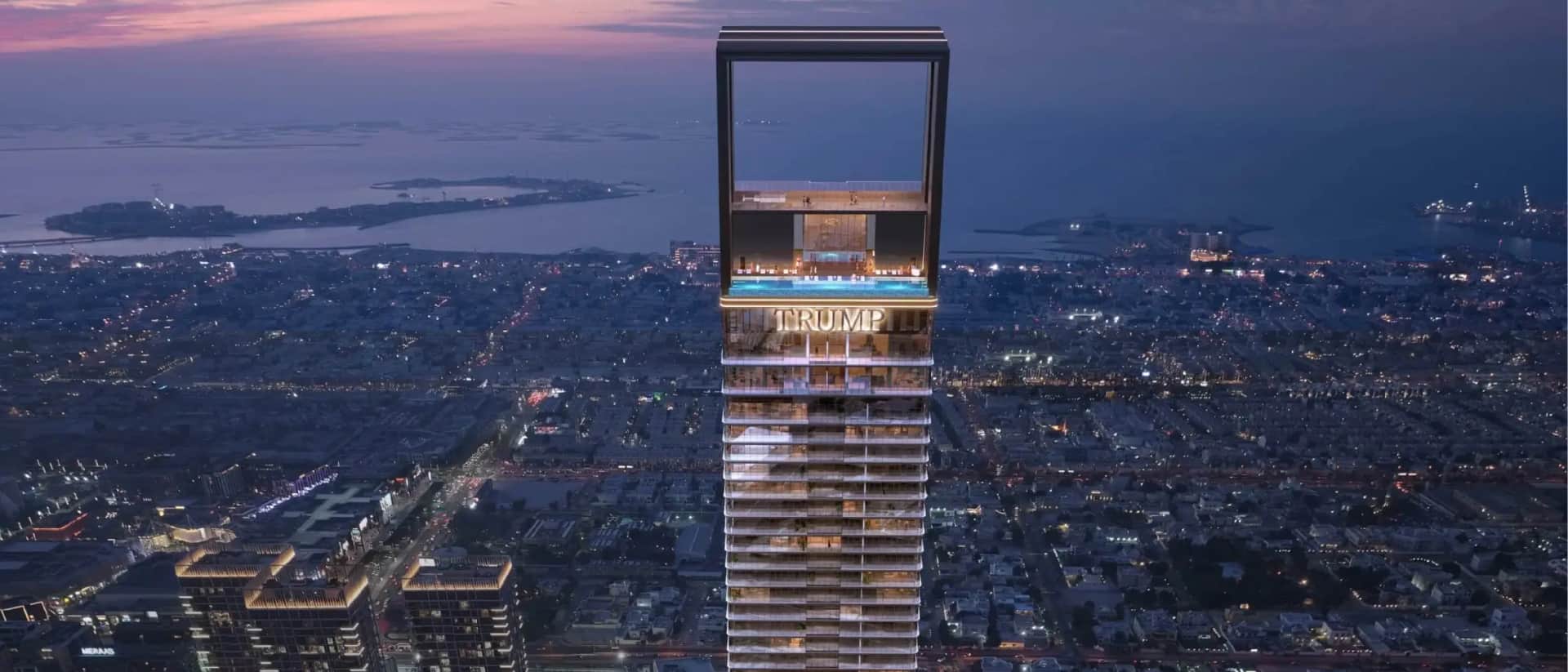 Night view of the Trump Tower Dubai, luxurious design and city skyline