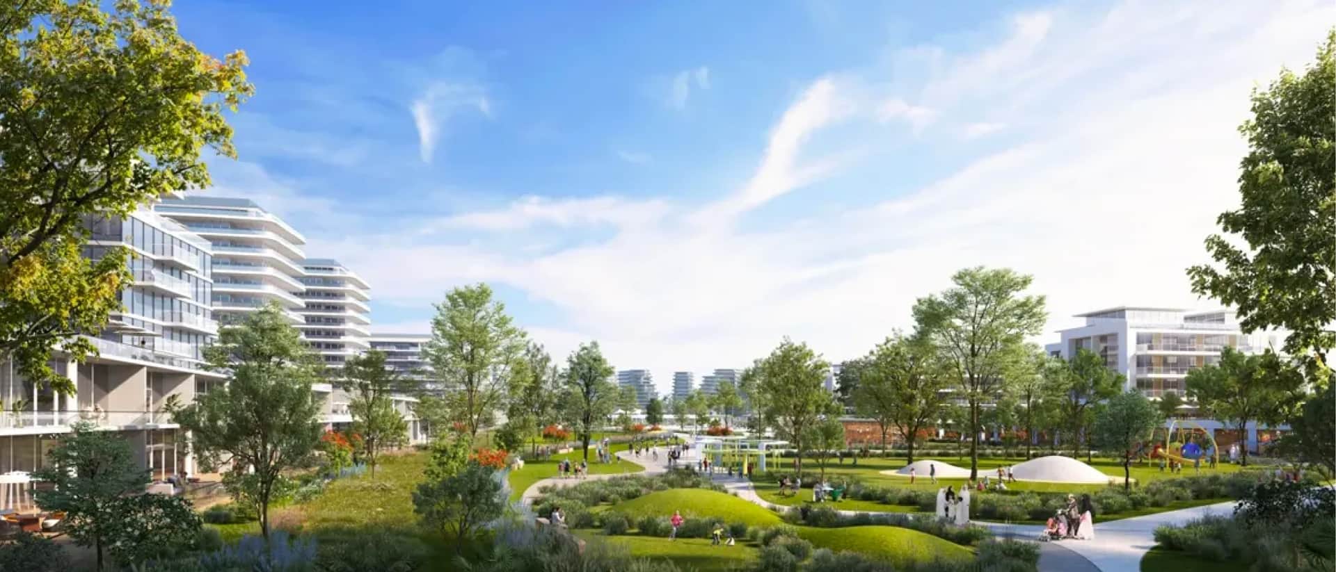 Lush green park in a modern urban development
