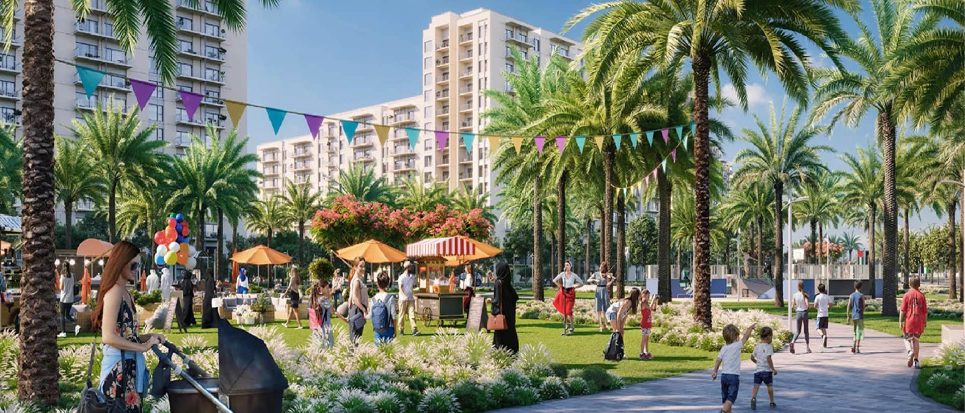 Outdoor market with people, stalls, and palm trees