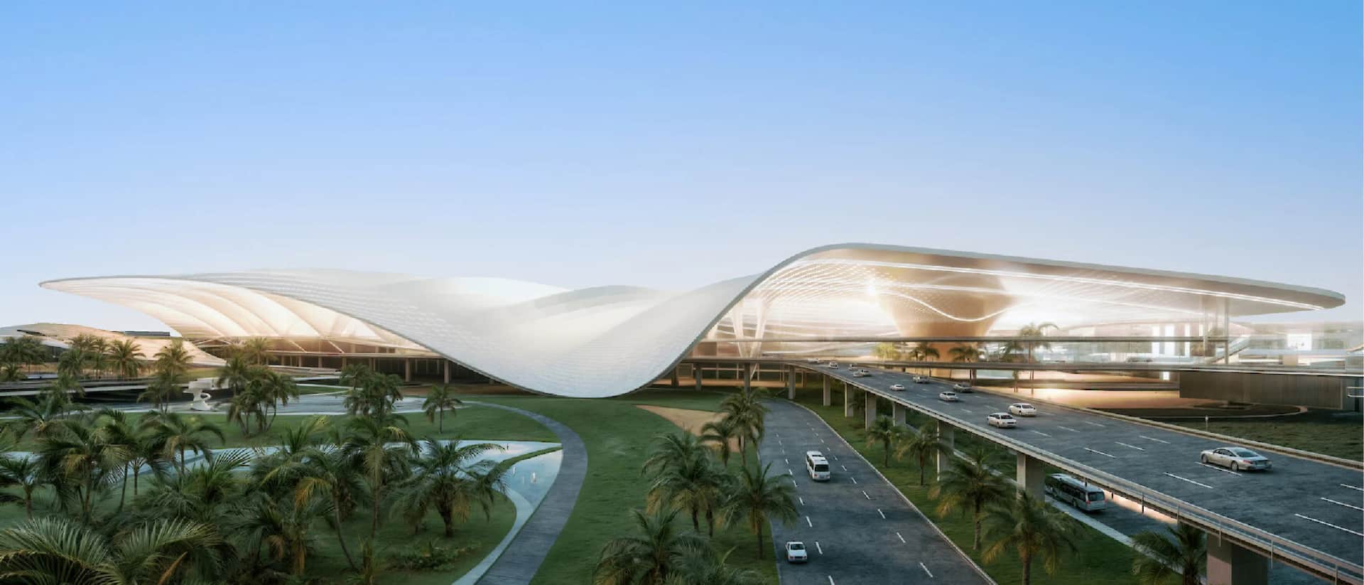 Futuristic design of DWC Airport Dubai with curved roof
