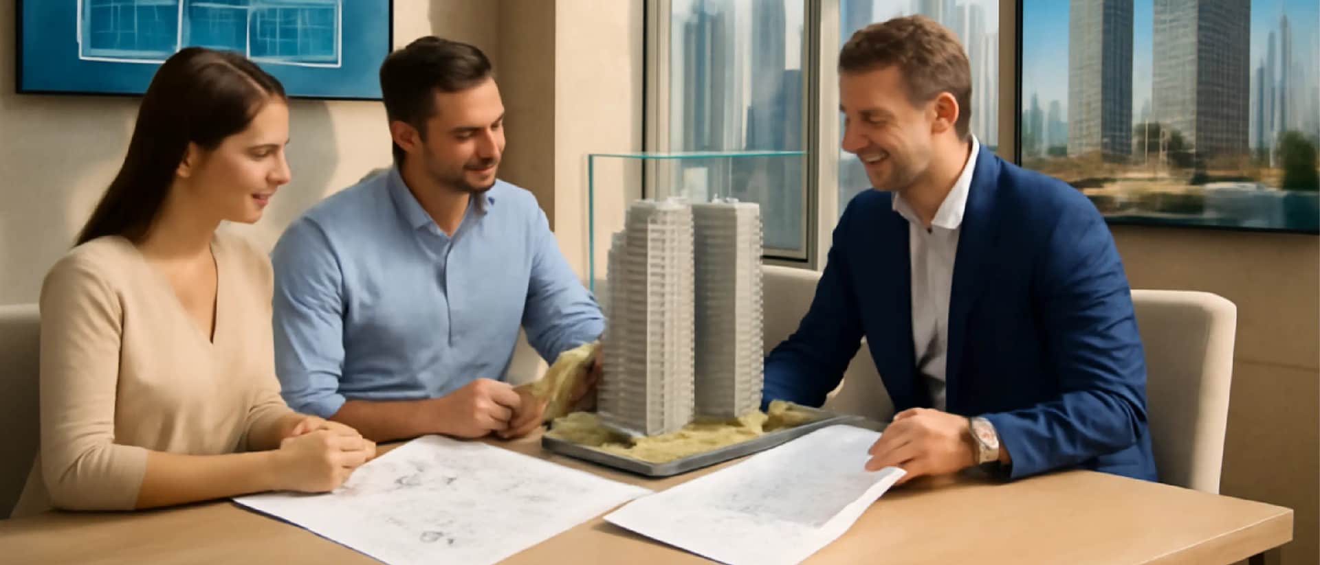 Real estate professionals discussing building plans with a model