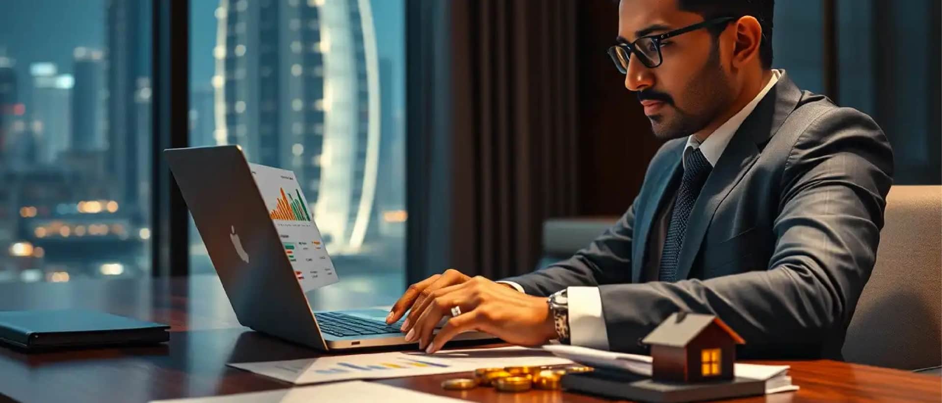 محترف يحلل بيانات الاستثمار العقاري على جهاز كمبيوتر محمول