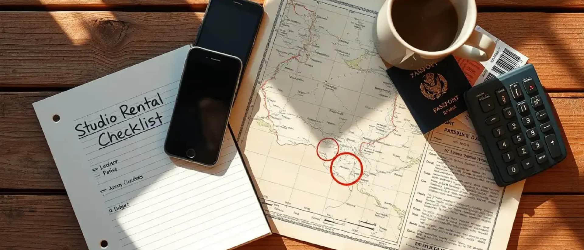 Studio rental checklist with map, phone, and passport