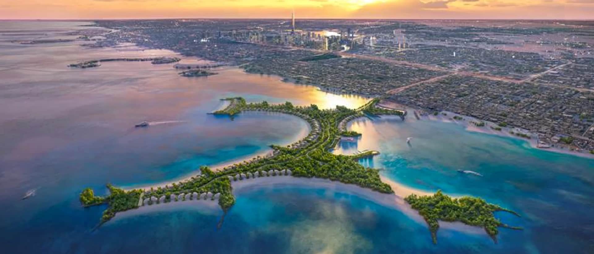 Aerial view of a palm-shaped island in Dubai's coastline