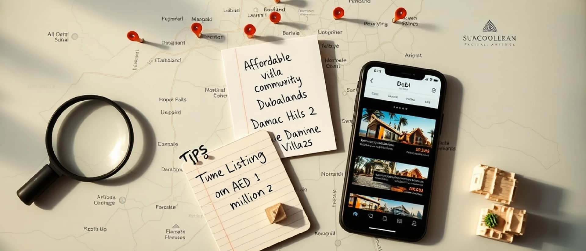 Map with villa listings and tips for Dubai properties