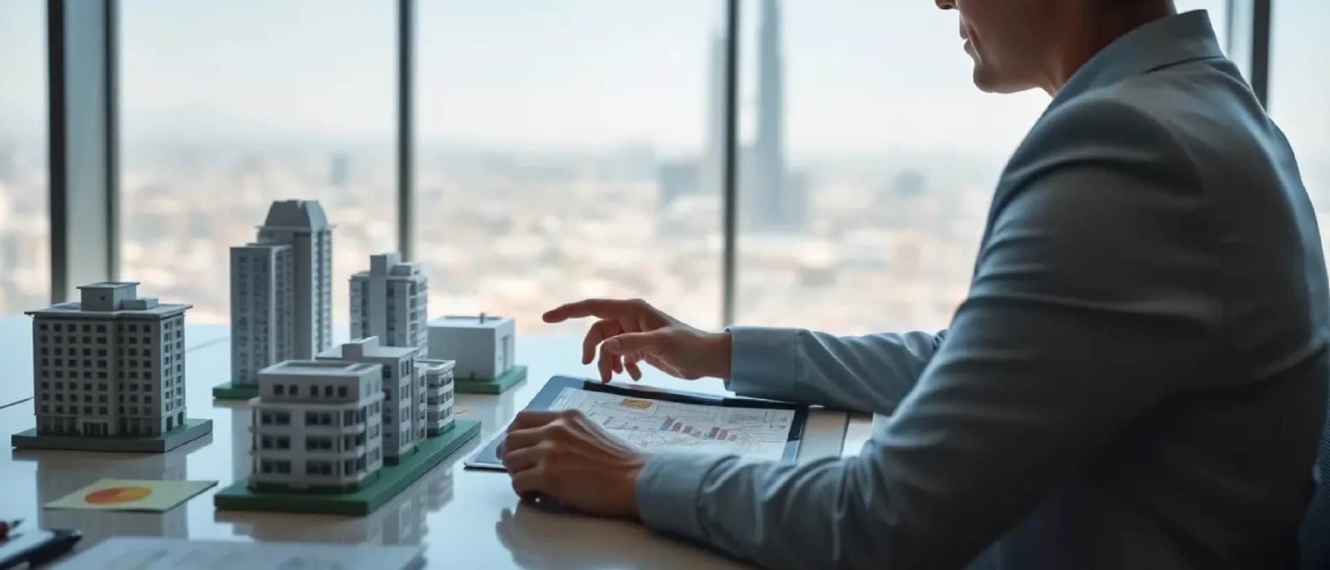 Businessman analyzing real estate building models