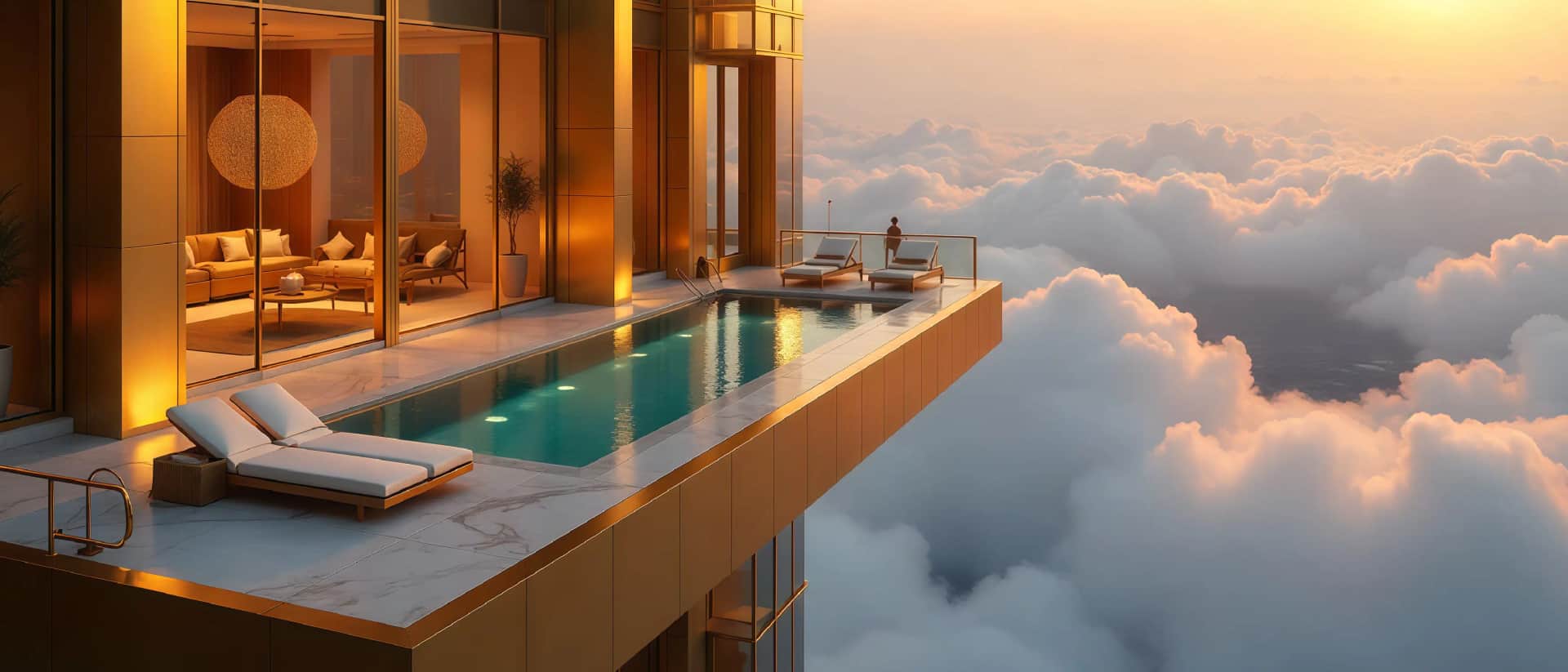 Luxury penthouse pool above the clouds at sunset