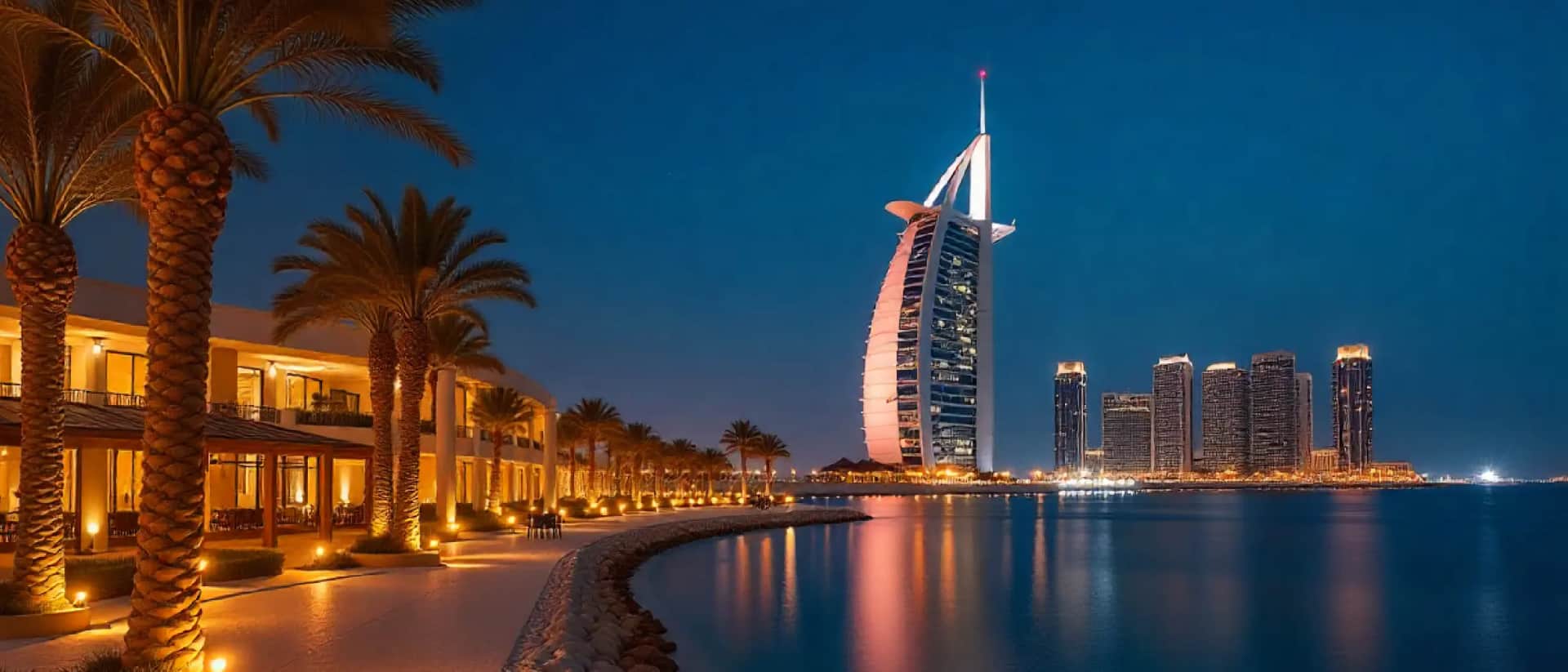 Burj Al Arab and luxury waterfront at night Dubai