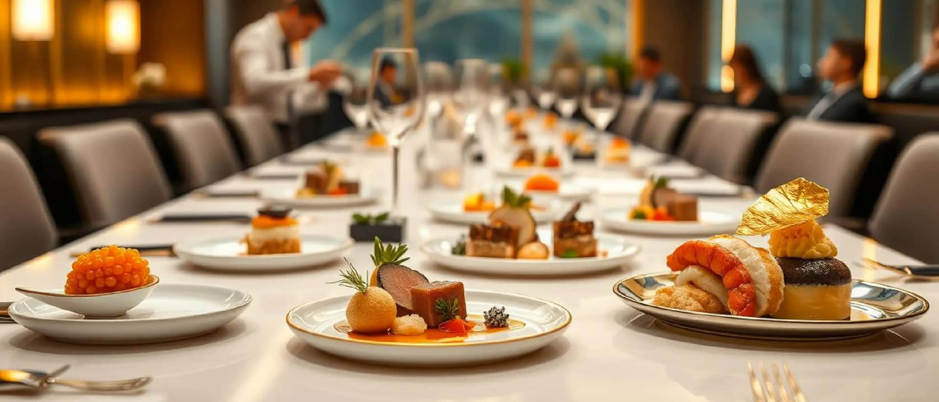 Fine dining table with gourmet dishes and wine glasses