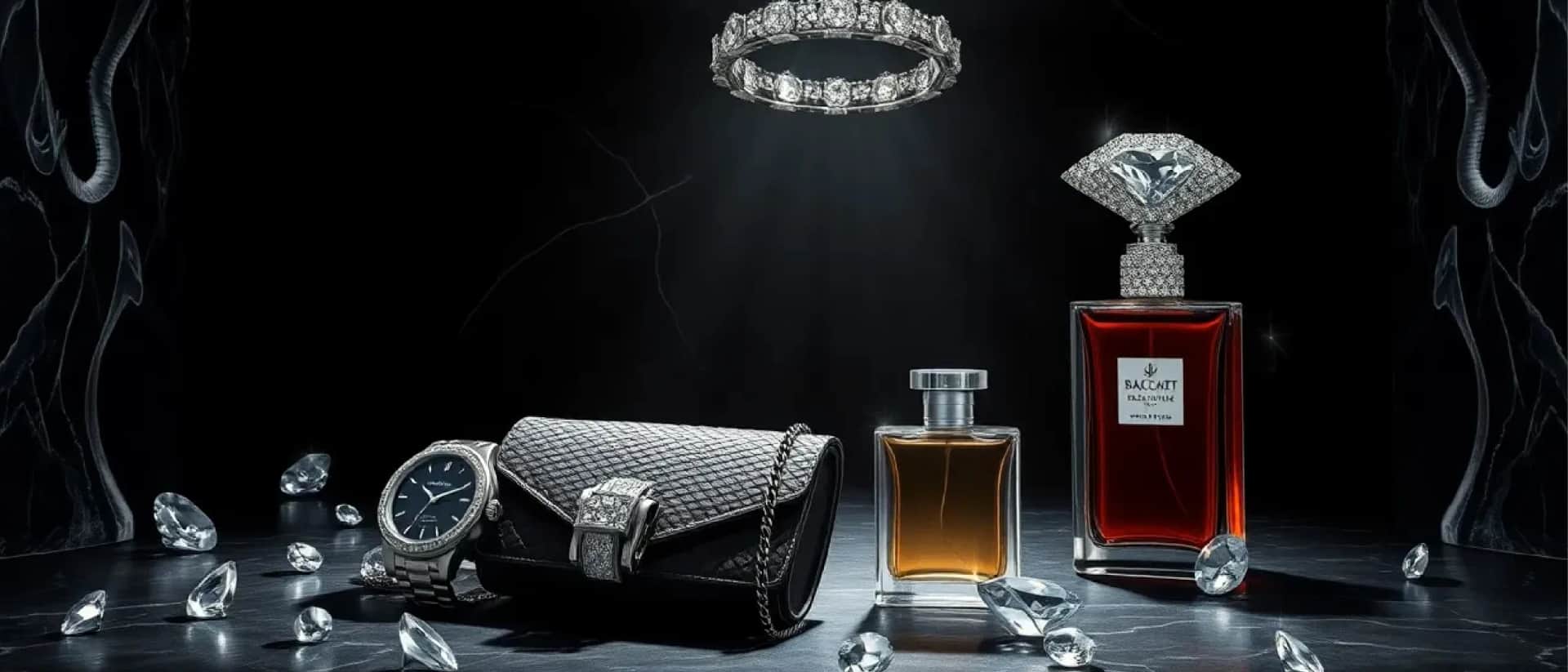 Luxury watch, clutch, perfumes, and diamonds display