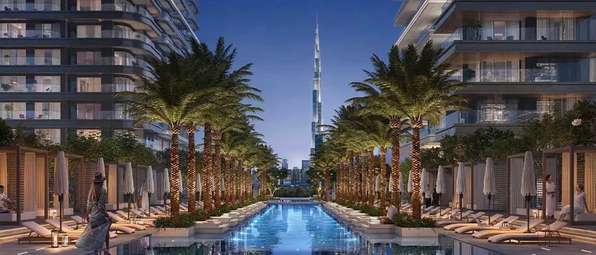 Luxurious pool, Dubai skyline, Burj Khalifa