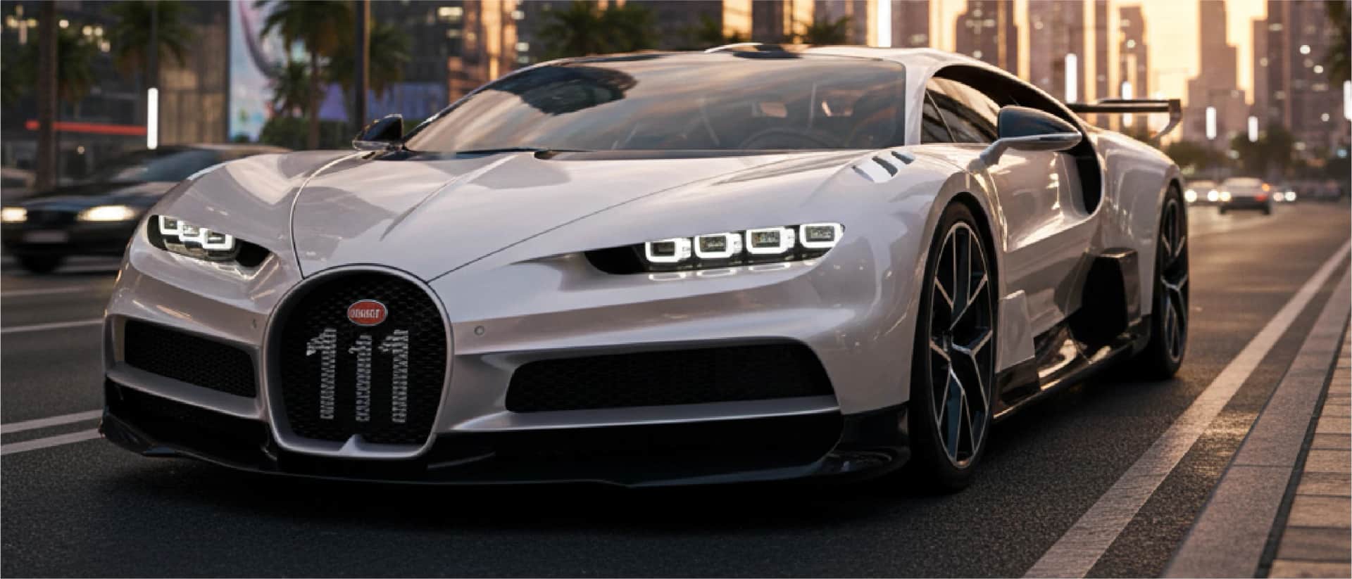 Bugatti Chiron in white, futuristic street view