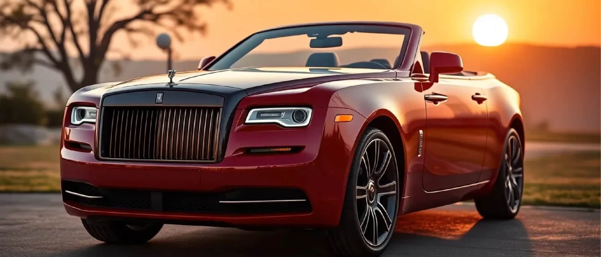 Rolls Royce Dawn in red, front view at sunset