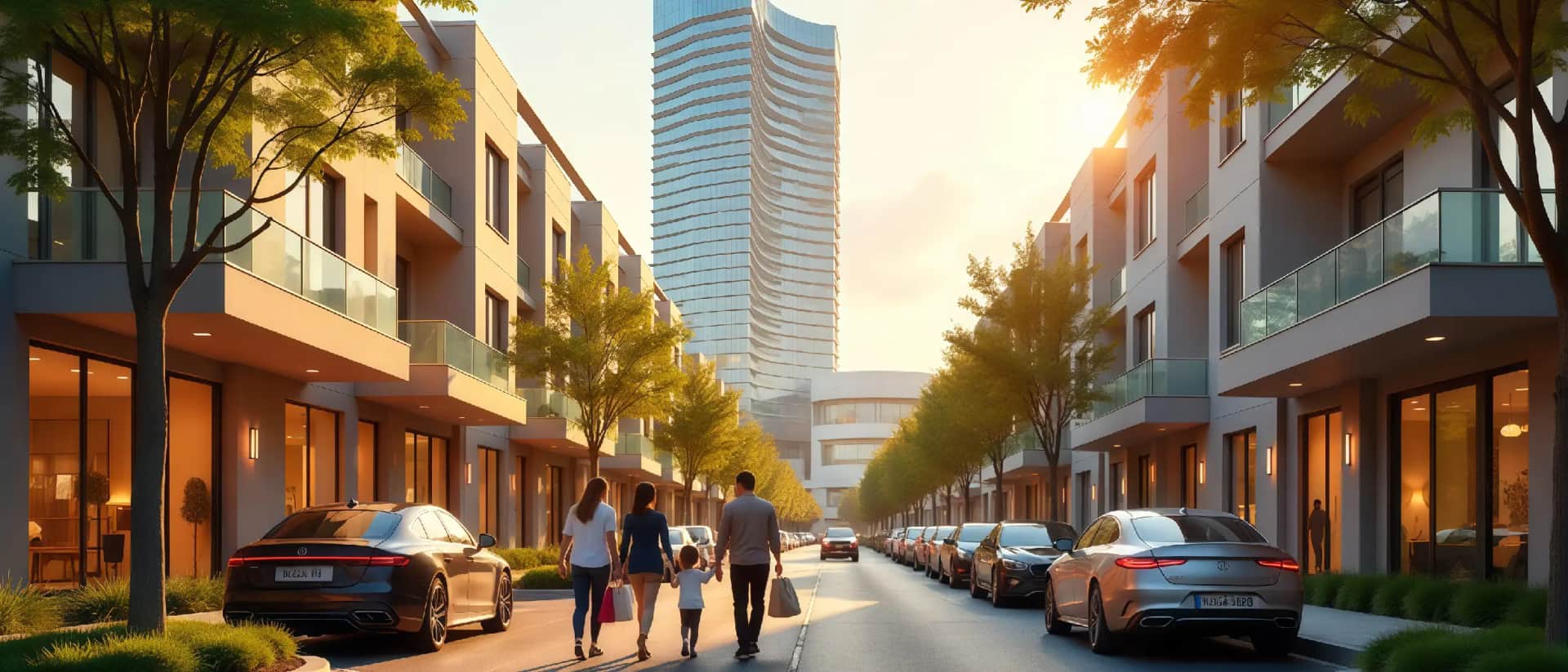 Family walking down a modern city street with trees and cars.