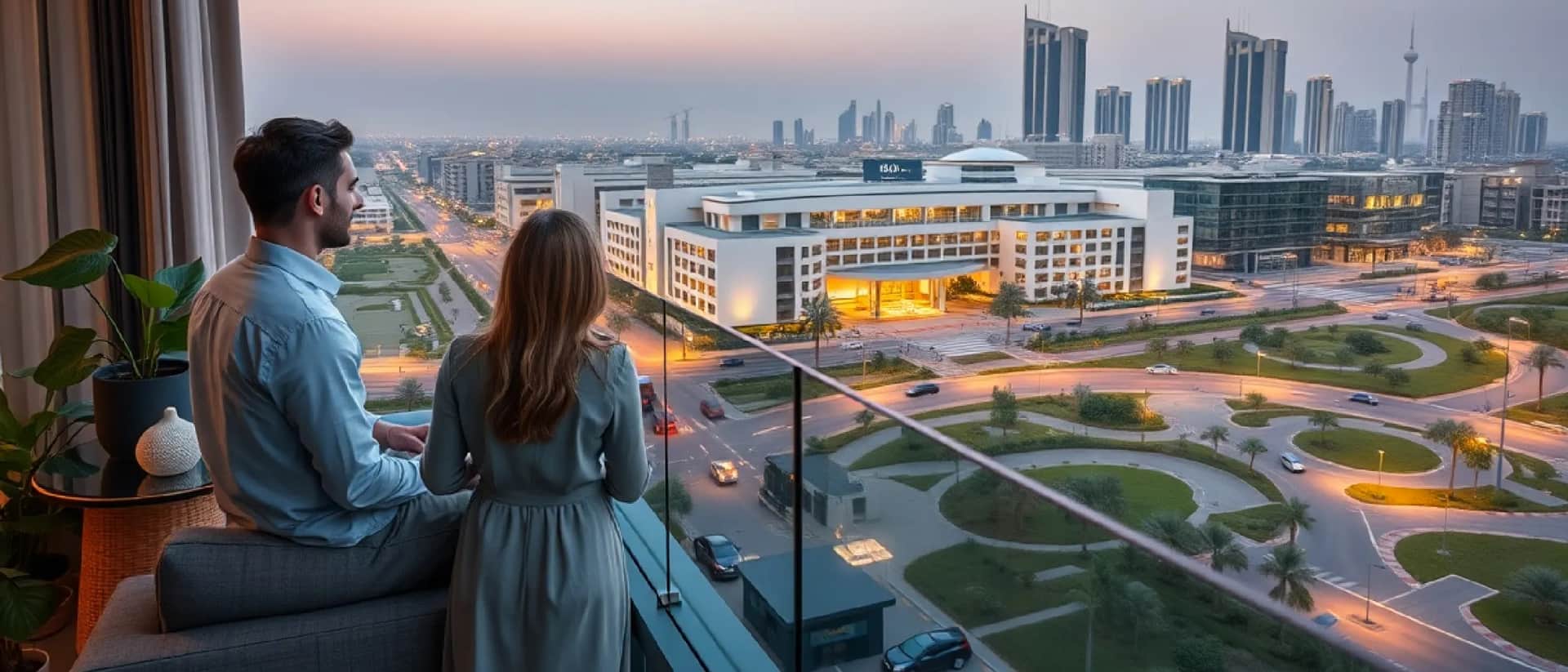 Couple enjoying a city view from a high-rise balcony