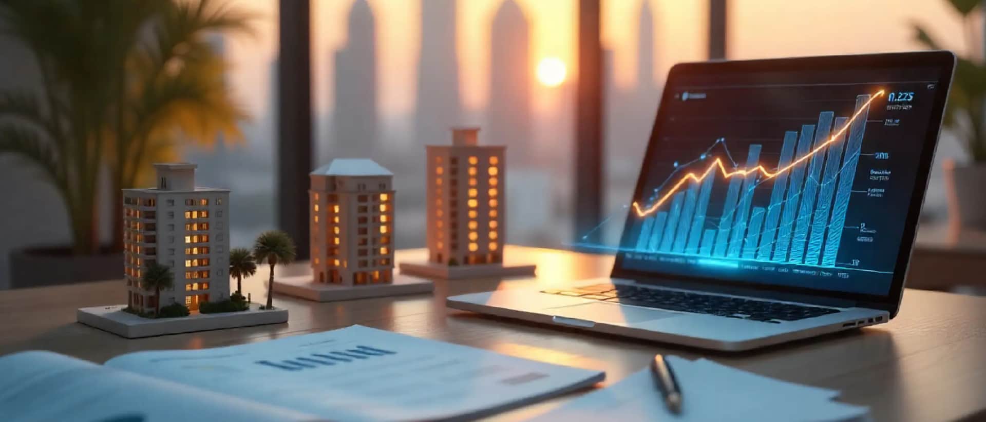 Real estate growth chart with building models