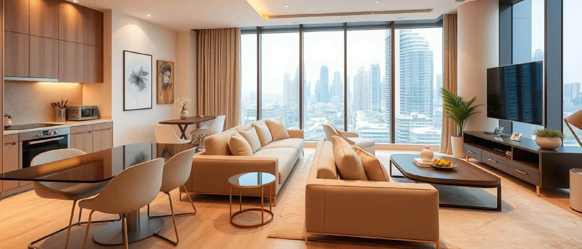 Modern Dubai apartment interior with city view