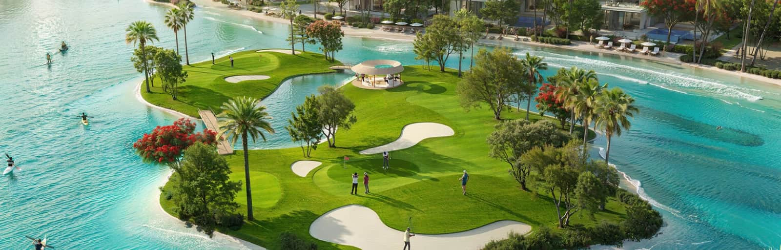 Aerial view of a golf course surrounded by water and beachfront properties