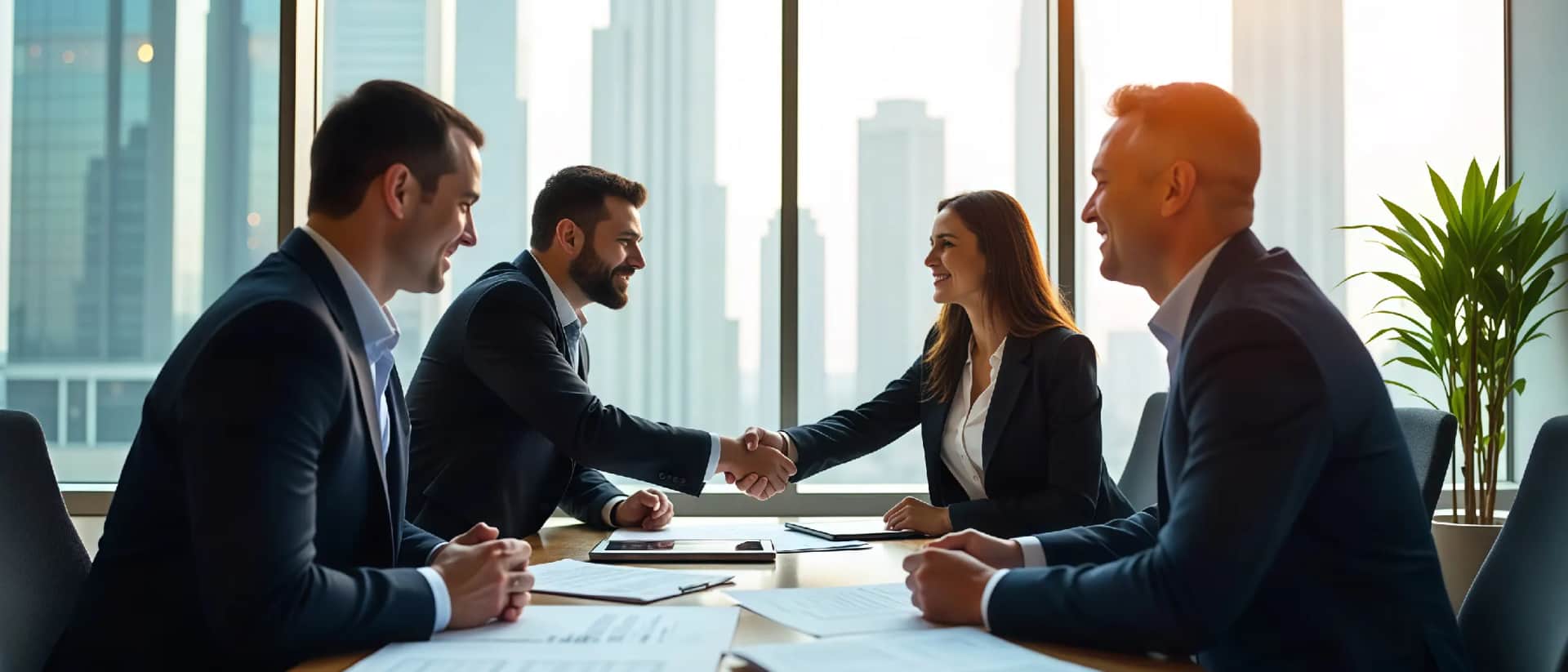 Business meeting handshake in modern office setting