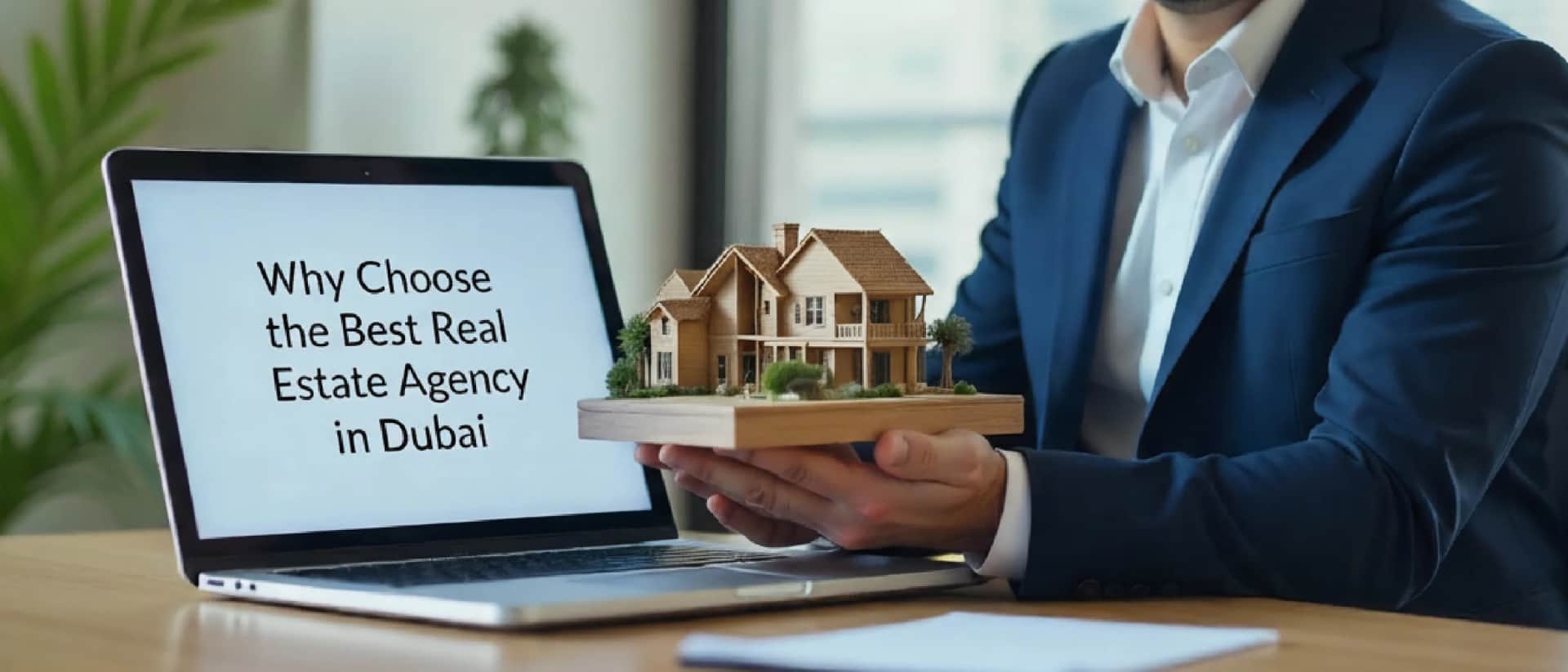 Agent showing house model beside laptop in Dubai