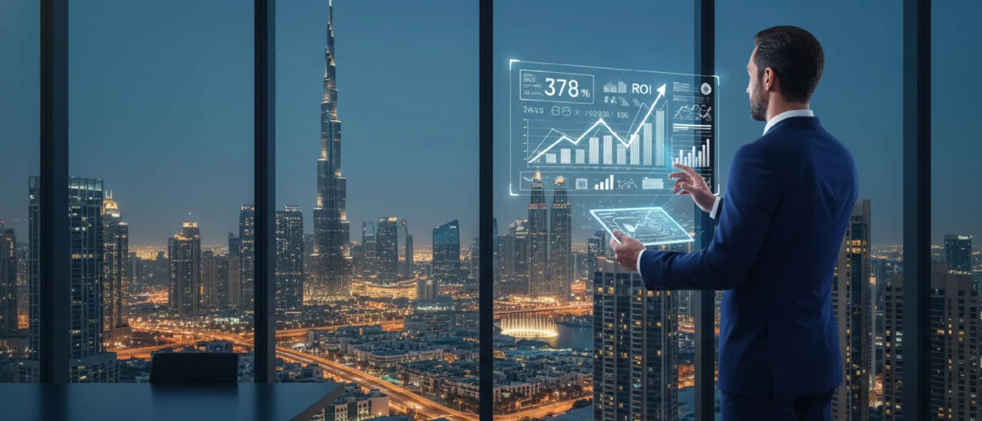 Businessman analyzing Dubai ROI data at night