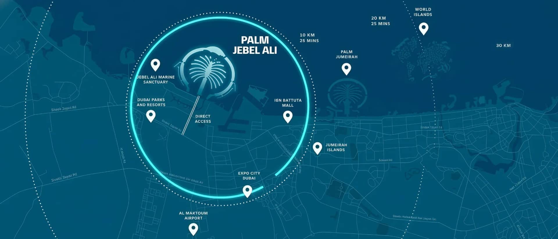 Palm Jebel Ali location map with nearby landmarks