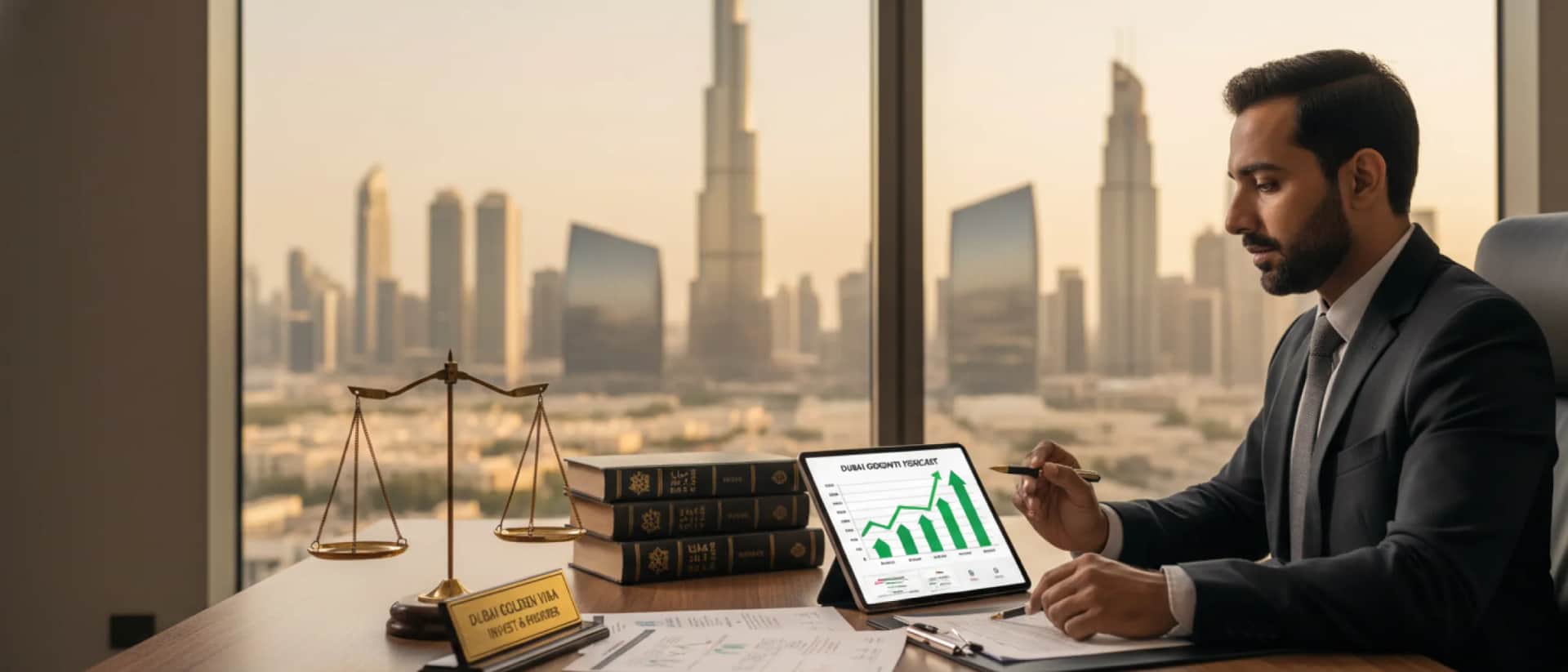 Businessman analyzing Dubai economy growth report