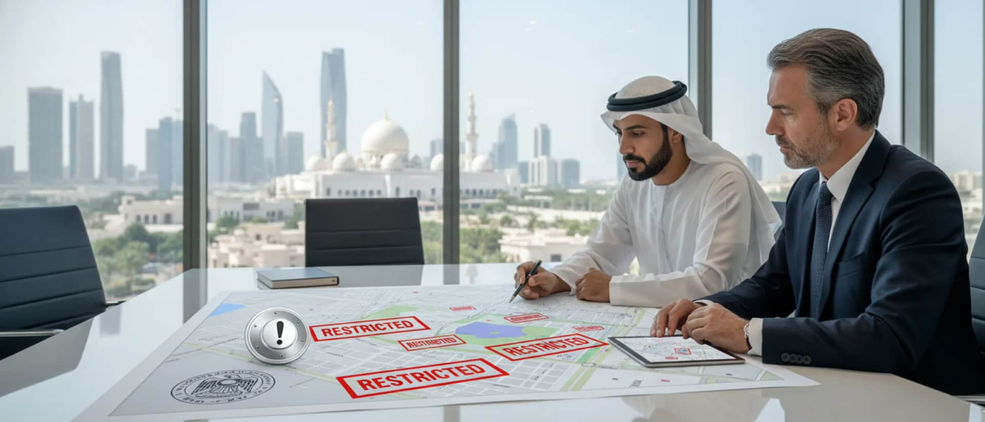 Officials reviewing restricted-zone map in office